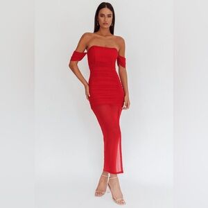Selfie Leslie Here Comes the Sun Boutique Red Melonie Off-Shoulder Mesh Dress S